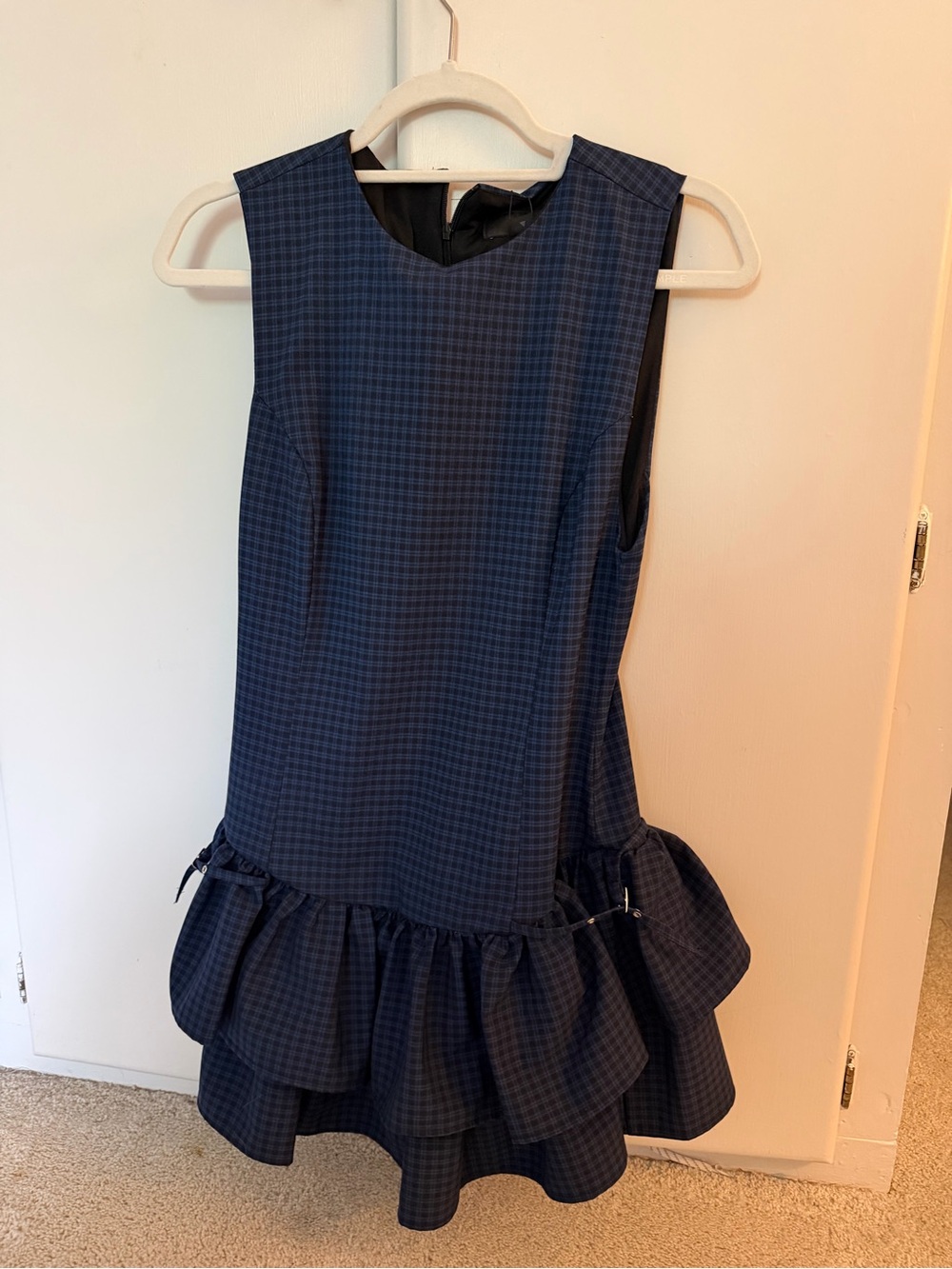 Zara Navy Checked Sleeveless Ruffle-Hem Mini Dress NWT